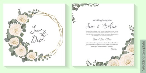 Vector floral template for wedding invitation. White roses, eucalyptus, green plants and leaves. Gold polygonal frame. 
