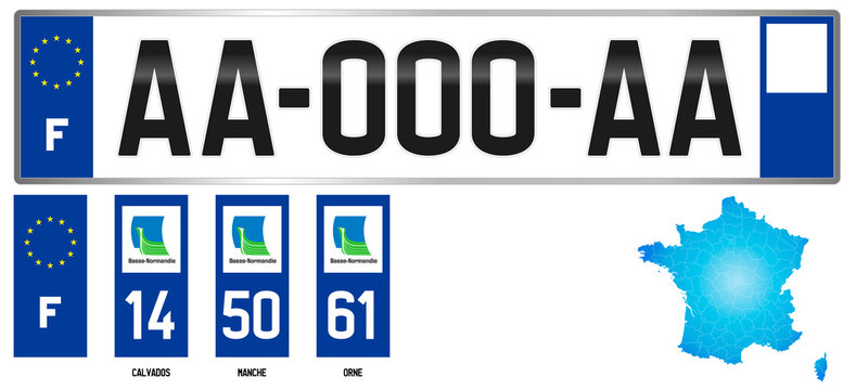 Basse Normandie (Lower Normandy), french regional license plate template, detail of the side label of the department, vector illustration, example of numbering