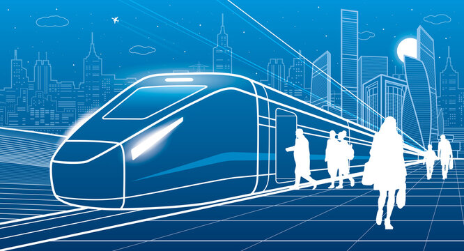 Futuristic train at station. Passengers board on locomotive. Transportation infrastructure illustration. Vector outline design art