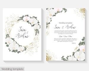 Floral design for wedding invitation. White orchids, eucalyptus, green plants and flowers. Gold polygonal frame, sparkles.