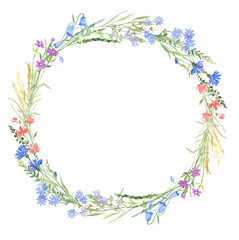 Fototapeta na wymiar Wildflowers watercolor frame wreath