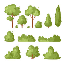 Garden green bush. Vector set of vegetation bushes, grass and trees. Cartoon icon for decorate landscape park, backyard, forest. Spring or summer plant, trees, hedges, shrub with branches and leaves