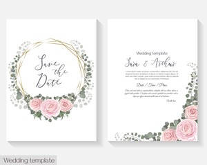 Floral design for wedding invitation. Gold round frame, pink roses, branches with leaves, eucalyptus, green leaves and plants.