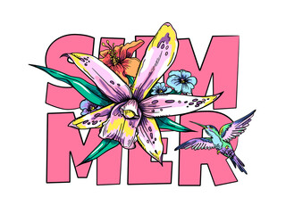 Summer composition with exotic flowers and bird. Stylish image for printing on any surface