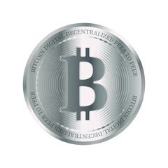 Bitcoin coins, silver bitcoins on a white background.