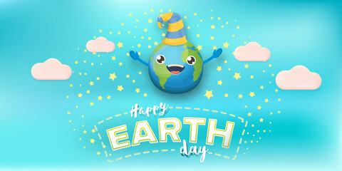 Cartoon earth day horizontal banner with cute smiling earth planet character with funny hat isolated on blue sky background. Eath day concept horizontal design template with funny kawaii earth globe