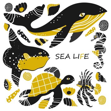 Sea life set with dolphins, turtle, tarsier, lion fish, moon fish, seahorse, while. Cartoon funny style. Vector illustration. New year, Christmas celebration, presents, gifts. Santa hat. 