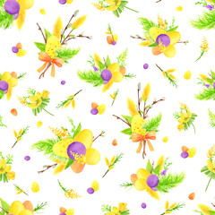 Seamless Easter Spring Watercolor Pattern. Willow branches, Eggs, plants, leaves. Design Elements.