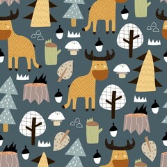 Seamless pattern with woodland, moose, decor elements. Colorful vector flat for kids. hand drawing. baby design for fabric, print, wrapper, textile