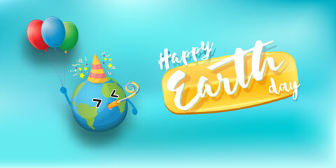 Naklejka premium Cartoon earth day horizontal banner with cute smiling earth planet character with funny hat isolated on blue sky background. Eath day concept horizontal design template with funny kawaii earth globe