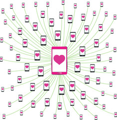 a woman meets men through a dating site illustration with many linked phones