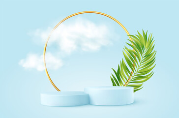 Realistic Blue product podium with golden round arch, plm leaf and clouds. Product podium scene design to showcase your product. Realistic 3d vector illustration