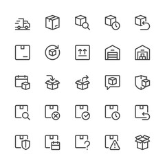 Simple Interface Icons Related to Delivery. Logistics, Shipping, Package Protection, Return, Express Delivery. Editable Stroke. 32x32 Pixel Perfect.