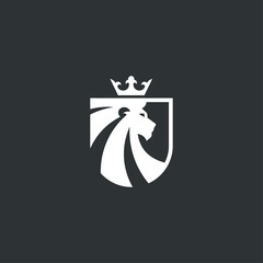 lion shield luxury logo icon, elegant lion shield logo design illustration, lion head with crown logo, lion shield symbol