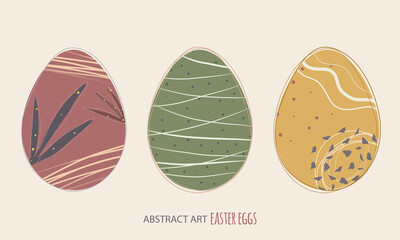 Easter egg icons. Vectorized, flat style illustration, abstract hand drawn and muted colors. 3 set eggs with lined strokes, floral and geometric art elements. Multi colored in red, green and yellow.