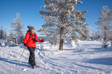 Woman snowshoeing in winter forest in Lapland Finland