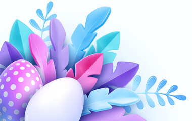 3D trendy Realistic Easter greeting card, banner with flowers, Easter eggs. Spring floral Modern 3d Easter graphic concept. Vector illustration