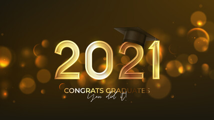 Banner for design of graduation 2021. Golden numbers with graduation cap on background with effect bokeh. Congratulations graduates 2021. Vector illustration for degree ceremony design.