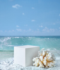 Background for cosmetic products on beach with sand. Geometrical concrete cube stone podium and...