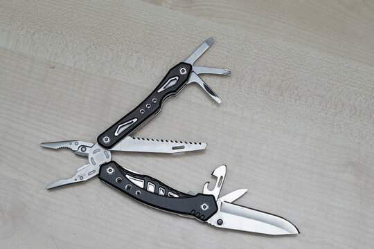 Selective Focus Of Unfolded Leatherman Pocket Multi Tools. Easy To Use For Daily Purposes 