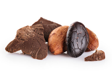 Cocoa beans and chocolate isolated on white background.