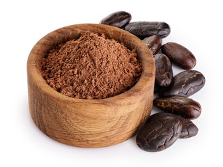 Wooden bowl with cocoa powder and cocoa beans isolated on white background.