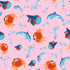 Sea animal seamless pattern on pink background