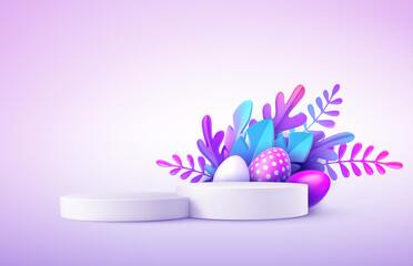 Realistic product podium with Easter eggs and fantastic tropical leaves. Product podium scene Easter design to showcase your product. Spring floral Modern Happy Easter. 3d vector illustration