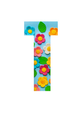 The letters T of the English alphabet is cut out of flowers on a blue  background.Floral pattern, texture for stores,sales,websites,postcards and holiday greetings.