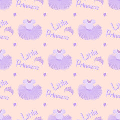 vector seamless pattern with children's tutu, crown and the inscription Little Princess in soft tones