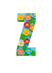 The letters Z of the English alphabet is cut out of flowers on a blue  background.Floral pattern, texture for stores,sales,websites,postcards and holiday greetings.