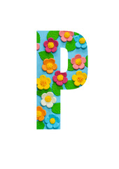 The letters P of the English alphabet is cut out of flowers on a blue  background.Floral pattern, texture for stores,sales,websites,postcards and holiday greetings.