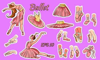 Vector ballet set. Ballerina and pointe shoes. Ballerina feet in ballet shoes. Tutus and ballet dresses. Arms.