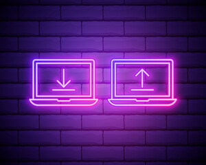 Download and upload line icon. Neon laser lights. Internet Downloading with Laptop sign. Load file symbol. Banner badge with internet downloading icon. Vector isolated on brick wall.