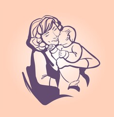 A young woman holds a small child in her arms. Mom plays and hugs the baby. A sign, a sketch drawn by hand.