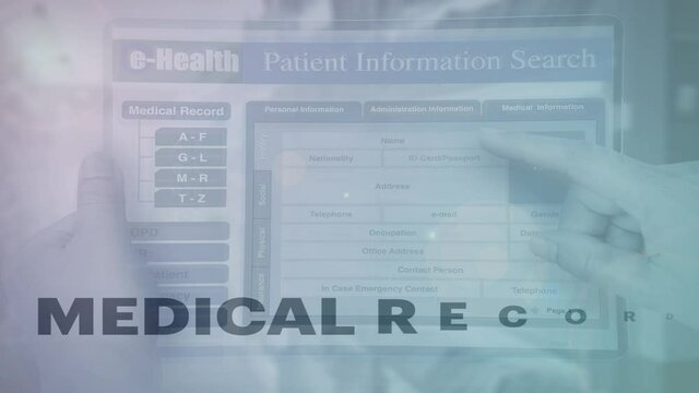 Animation of text 'medical record' on electronic medical record technology background.