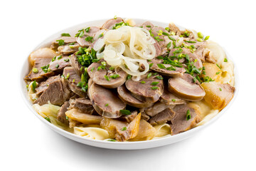 Isolated kazakh traditional dish beshbarmak with horse meat