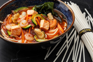 Asian ramen soup with shrimps, mussels, tofu, carrot, zucchini and seaweed. Dish served in a dark blue bowl, isolated on a black marble background with dry noodles by side. Asian cuisine.