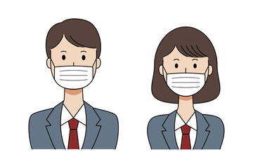 マスクをした学生服の男女のベクターイラスト