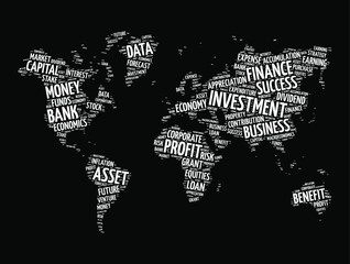 Fototapeta na wymiar Investment word cloud in shape of world map, business concept background