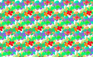 Background with blue, red, green and white flowers for print or texture