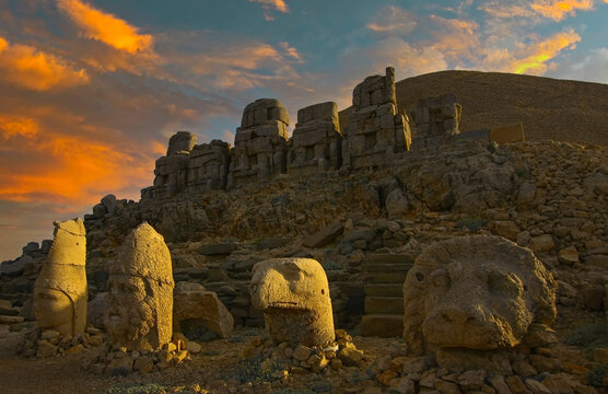 Ancient statues on the top of Nemrut mount, Turkey. The mount Nemrut is listed as UNESCO World Heritage. Adiyaman,Turkey