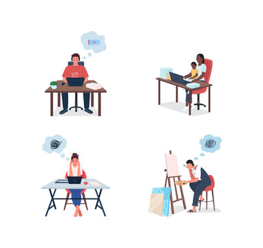 Tired freelancers flat color vector faceless and detailed characters set. Stress and burnout from work isolated cartoon illustration for web graphic design and animation collection