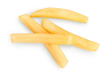 French fries or fried potatoes isolated on white background with clipping path and full depth of field. Top view. Flat lay