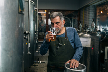 man working in mini craft brewery