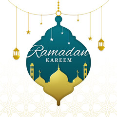 Ramadan kareem with mosque and lantern shape in paper cut style