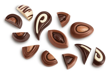 Chocolate candy isolated on white background with clipping path and full depth of field. Top view. Flat lay. Set or collection