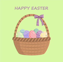 Easter card with wicker basket and decorated eggs