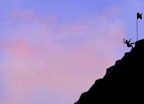 The climber falling down when he's about to reach the top. No success and unplaced concept. The mountaineer can not reach his goal. Beautiful hand drawing illustration.