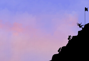 Climbers climbing to top of the mountain. A climber falling down from the rocks. Beautiful hand drawing illustration.
